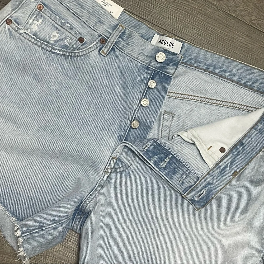 Agolde Parker Long Shorts Jinx Cut Off Hi Rise Denim Jean Light Wash Sz 32 NWT
